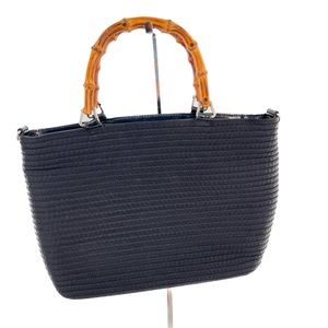 GUCCI Bamboo Handle Leather Trim Black Fabric 2-Way Tote Shoulder Bag Authentic